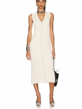 Jil Sander Cream Sleeveless V-Neck Zip-Front Ribbed Midi Dress